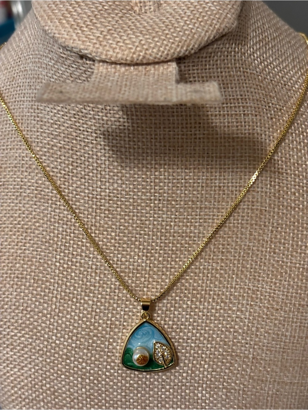 Gold-Tone Blue & Green Enamel Pendant Necklace with Pearl Accent - Picture 2 of 4